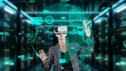 Businesswoman user making zoom with big data dynamic world market graph monitor by VR future global innovation interface digital infographic network technology visual hologram animation. Contraption.