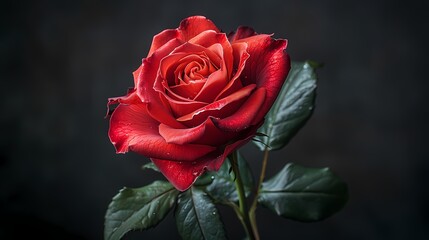 A single red rose against a black background, highlighting its elegance and allure