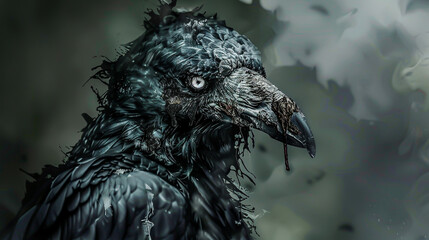 A zombie combined with a bird, displaying deteriorating feathers and a haunting gaze