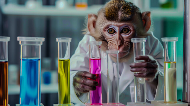 A curious monkey in a white lab coat examining tubes filled with different liquids