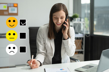 Happy Client customer experience concept. Woman recording phone inquiry with checkboxes, smiling...