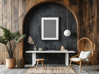 Clean Lines and Wooden Textures: White Frame Mockup in Modern Study Setting