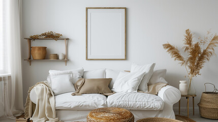Empty Mockup Picture Frame on white wall beside of window with white couchh. Frame mockup. Living room wall poster mockup. Interior mockup with house background. Scandinavian style.