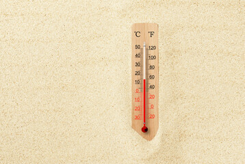 Hot summer day. Celsius and fahrenheit scale thermometer in the sand. Ambient temperature plus 15 degrees