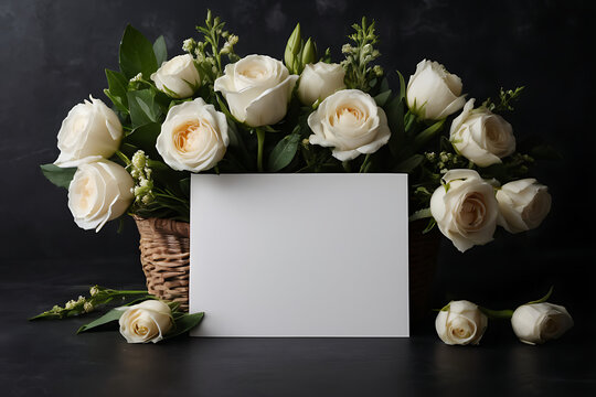 White blank condolence card with fresh flowers on the dark background. Empty place for a text