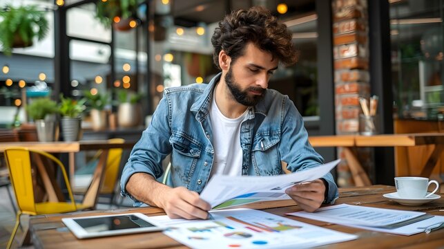 Focused Freelance Entrepreneur Analyzing Business Data at Cafe Workspace