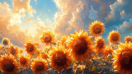 A vibrant bouquet of sunflowers, their golden petals reaching towards the sky - Powered by Adobe