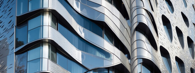 Abstract architecture. Detail of a building facade made of shimmering aluminum panels.