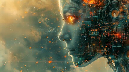 Double exposure photograph of an android robot face technologic background