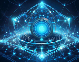 Obraz premium Futuristic blue-hued nanotech concept with glowing lattice-like structures, symbolizing biotechnology advances and singularity.