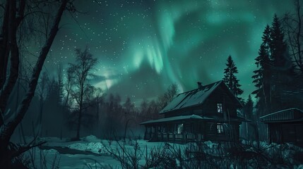 Spectacular digital artwork of Northern Lights illuminating a dark mountainous landscape with a mystic glow