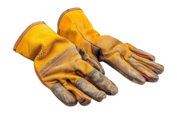 Two yellow gloves with dirt on them on a transparent background.