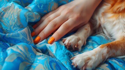 Hand in Canine Companionship An Orange Manicures Tactile Connection on Blue Fabric Styled after Van...