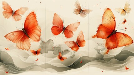The fashion of modern art wall with three abstract backgrounds of minimalism. Golden birds, fish and butterflies.