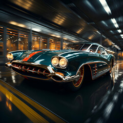 Vintage car on the road at night. 3D rendering.