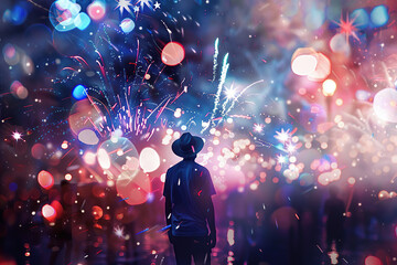 Fototapeta na wymiar horizontal image of a man silhouette in front of a colourful glowing fireworks show