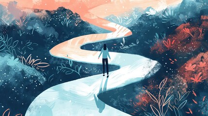 A person at a crossroads on a path splitting into two through diverse landscapes, symbolizing choice and decision in life’s journey