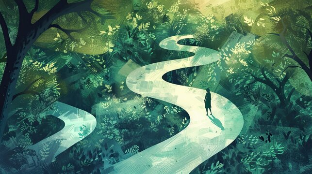A person at a crossroads on a path splitting into two through diverse landscapes, symbolizing choice and decision in life’s journey