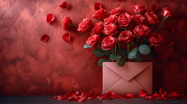 Bouquet of red roses on a red background with space for text.Romantic valentines day love letter with red rose flowers.