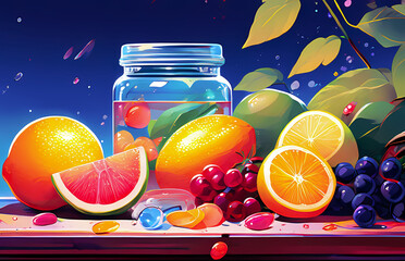 orange juice and citrus lemon, vitamin tablets vs vitamin source fruit background, abstract illustration wallpaper