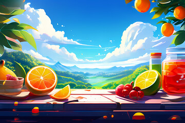 cocktail on the beach, vitamin tablets vs vitamin source fruit background, abstract illustration wallpaper