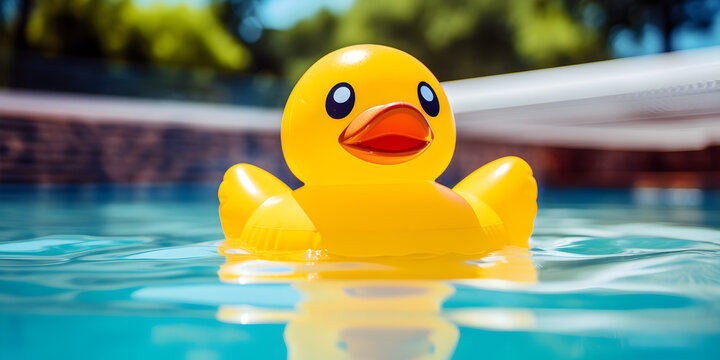 Rubber duck floating in the swimming pool. Camera closing up a cute yellow toy, A blue pool water holds a yellow duckling shaped inflatable float made of rubber, GENERATIVE AI

