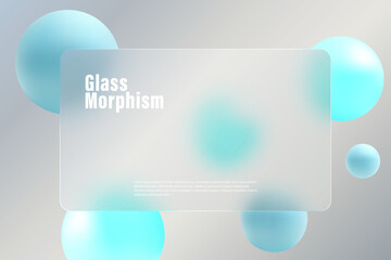 Floating spheres the color of sea water on a light background. Transparent rectangular banner with 3D spheres in glass morphism style.