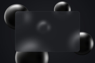 Rectangular transparent banner in glass morphism style. Realistic glass morphism effect on a dark background with black spheres.