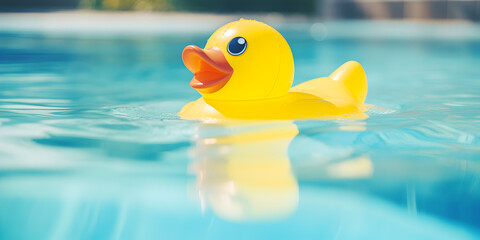 Rubber duck in blue water, Close up view of a yellow rubber duck floating in water in an outdoor swimming pool, GENERATIVE AI
