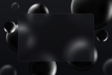 Glass morphism design template. 3d black spheres and transparent panel. Dark background.