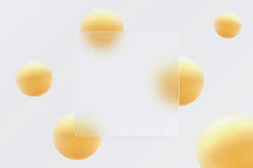 Landing page in Glass morphism style with square transparent frame and yellow spheres.