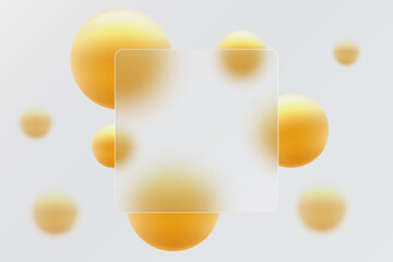 Glass morphism banner template. Transparent square made of clear glass with blur effect. Morphism of spheres of abstract art.