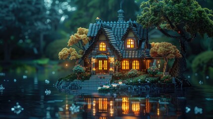 Fototapeta premium a small miniature house in the darkness in the style of fantasy landscapes