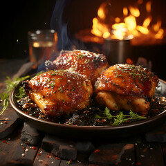 Grilled chicken legs with spices and herbs on a dark background.
