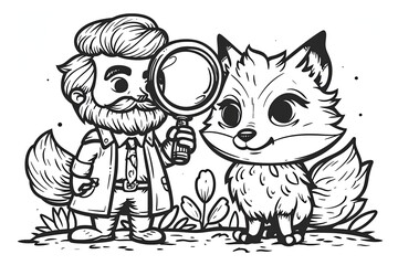 Cartoon Detective and Clever Fox Black and White Coloring Page with Detailed Outlines for Magnifying Glass Fun