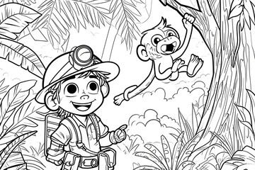 Explorer in Jungle: Cartoon Black and White Coloring Page with Monkey Hanging from Tree