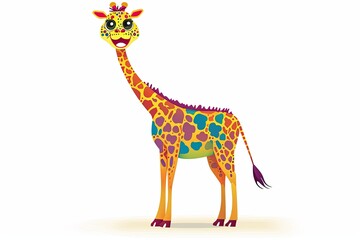 Colorful Cartoon Illustration: Grinning Giraffe with Exaggerated Long Neck and Big Eyes