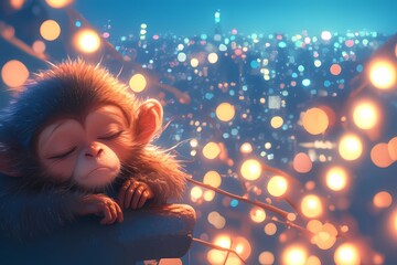 Naklejka premium cute cartoon monkey with colorful city lights in the background