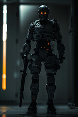The robotic assassin stands silently in the shadows, awaiting the perfect moment to strike, hyper realistic, low noise, low texture