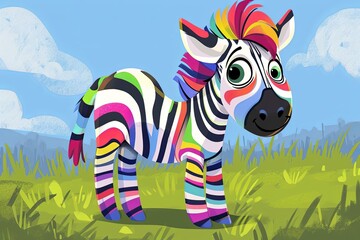 Naklejka premium Cheerful Zebra Cartoon: Happy Striped Zebra Standing in Colorful Field