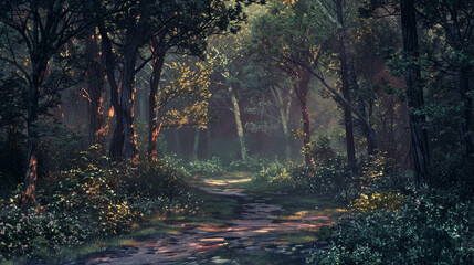 Twilight Forest Trail A mesmerizing scene of a forest path bathed in the soft light of twilight, with shadows lengthening and the air filled with a sense of mystery and wonder.