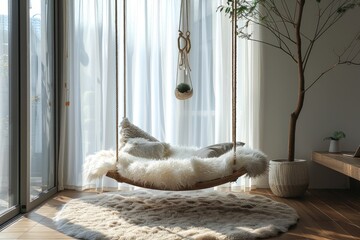 cozy white fluffy garden swing made of oak in room view