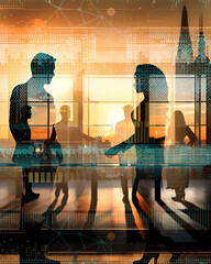 Kommunikation und Brainstorming im Business - Moderne Büros mit Sonnenlicht - Analyse von Daten Digital und Informationen - Körper - Abstrakte Illustration Collage - AI generiert