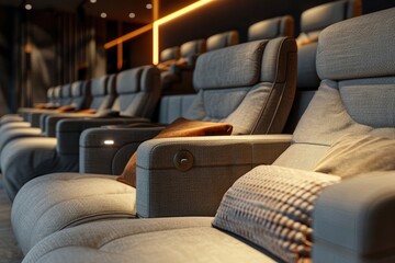 Craft an image of an ultra-modern cinema hall featuring state-of-the-art seating arrangements designed for ultimate comfort and style, with close-up shots highlighting the exquisite craftsmanship and  - obrazy, fototapety, plakaty