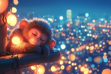 Naklejka premium cute cartoon monkey with colorful city lights in the background