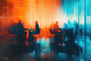 Creative Dynamic Business Banner with Business People Meeting at Table, Abstract Blurred Office Interior in Blue and Orange Tones - obrazy, fototapety, plakaty