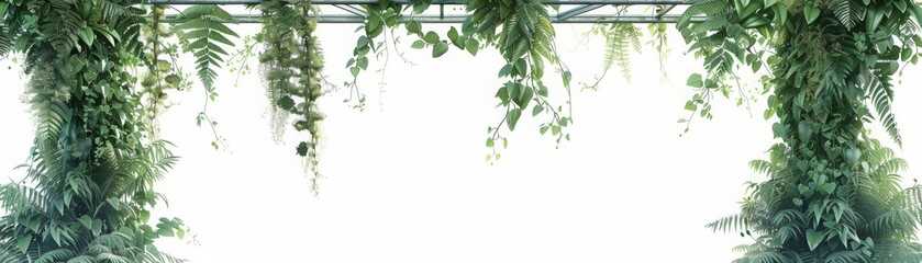 A green plant with leaves hanging over a white background
