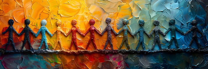  Colorful abstract figures holding hands symboliz,
Painted happy children holding hands
