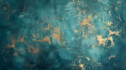 A turquoise and gold grunge background texture with large brush strokes 