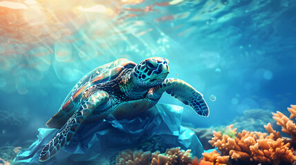 Obraz premium A turtle is stuck in plastic underwater. against the backdrop of a coral reef and sunlight illuminating the water. The sea creature is depicted in its natural habitat 